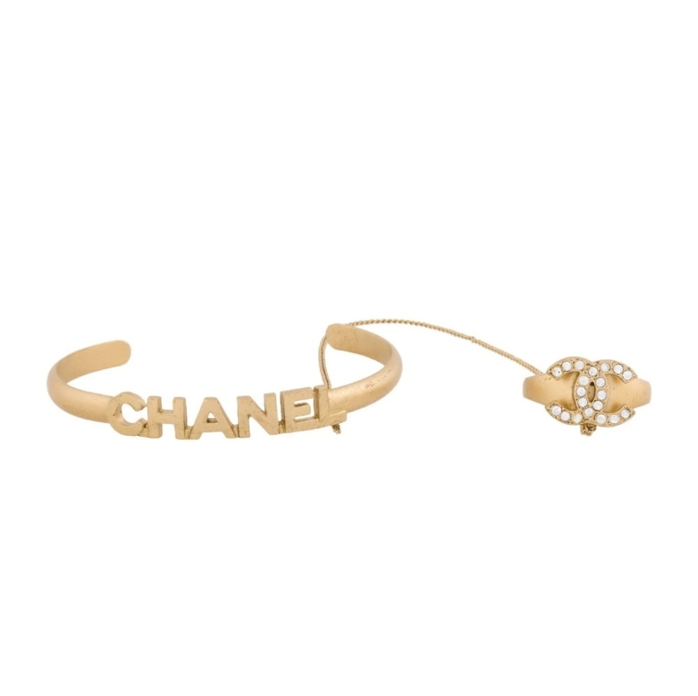 RARE! Like NEW Chanel Ring & Bracelet BANGLE CHAIN LINKED Rhinestone-Embellished